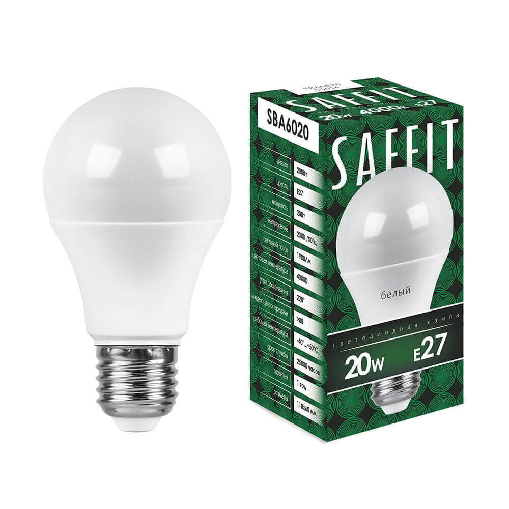 

Лампа светодиодная Saffit E27 20W 4000K Шар Матовая SBA6020 55014, 55014