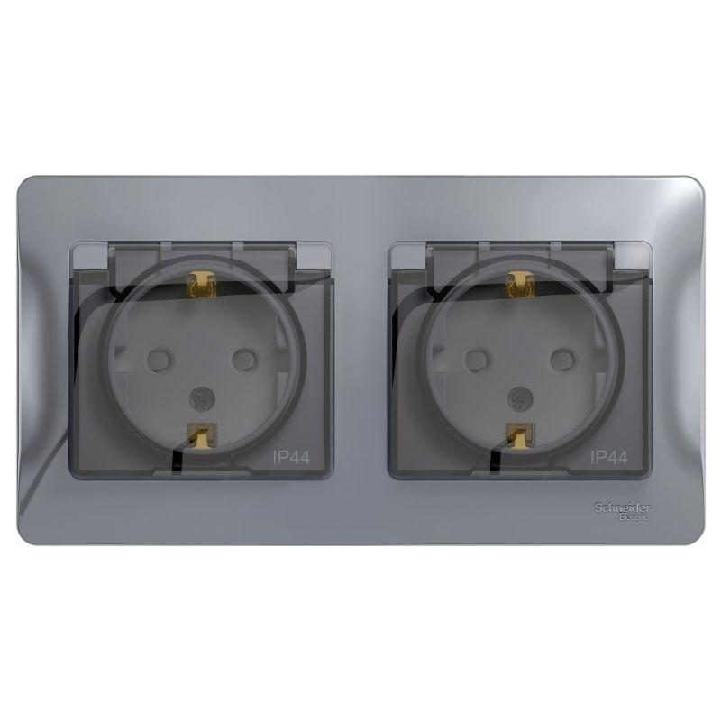

Розетка двойная 2К+З Schneider Electric Glossa 16A 250V со шторками алюминий GSL000347, GSL000347 Glossa