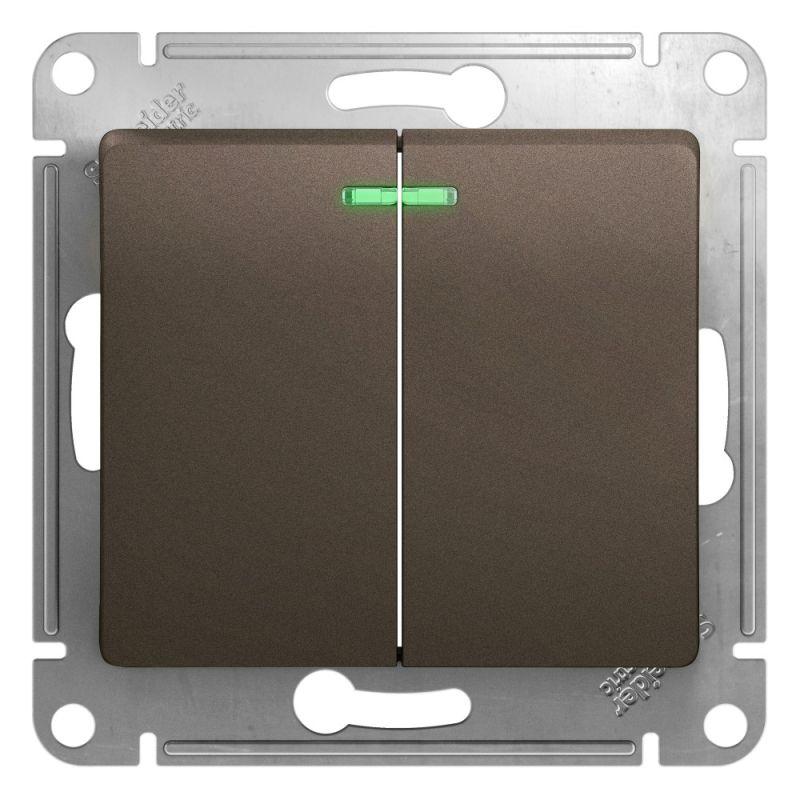 

Выключатель двухклавишный Schneider Electric Glossa 10A 250V с подсветкой шоколад GSL000853, Коричневый, GSL000853 Glossa