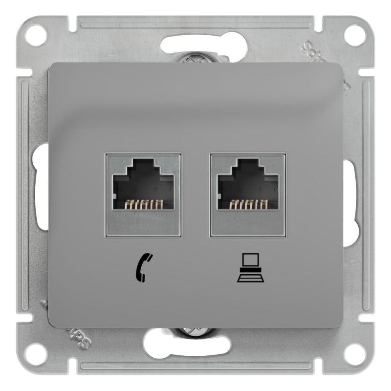 

Розетка компьютерная RJ45/RJ11 Schneider Electric Glossa 5e кат UTP алюминий GSL000385, GSL000385 Glossa