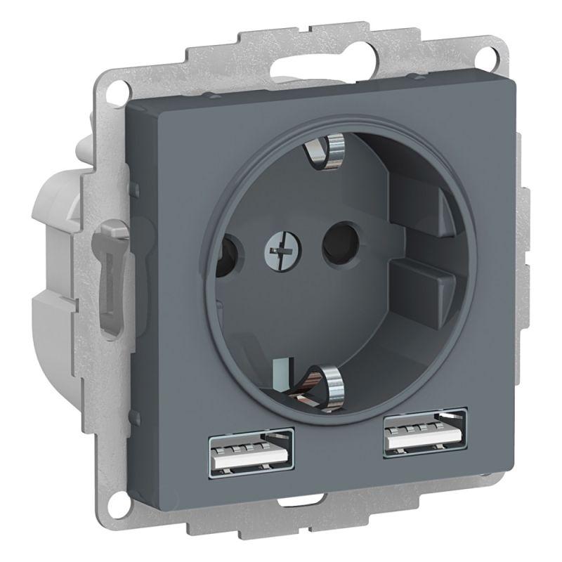 

Розетка 2К+3/2хUSB Schneider Electric AtlasDesign 16A 250V Type A+A грифель ATN000730, Темно-серый, ATN000730 AtlasDesign