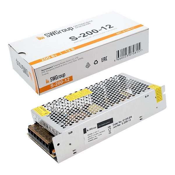 

Блок питания SWG 12V 200W IP20 16,7A S-200-12 000109, Серый, 000109 S