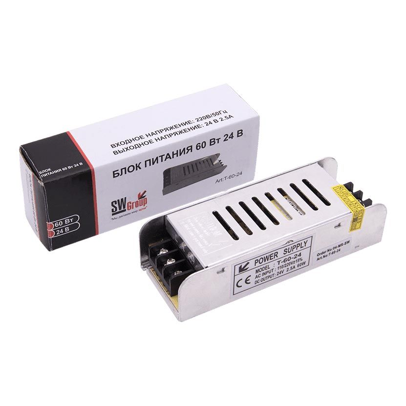 

Блок питания SWG 24V 60W IP20 2,5A T-60-24 001385, Серый, 001385 T