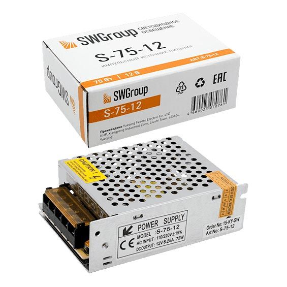 

Блок питания SWG 12V 75W IP20 6,3A S-75-12 000298, Серый, 000298 S