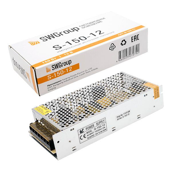 

Блок питания SWG 12V 150W IP20 12,5A S-150-12 000107, Серый, 000107 S