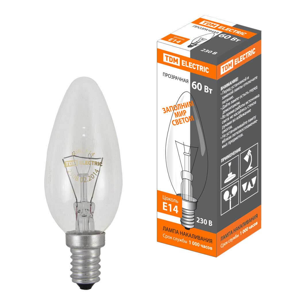 

Лампа накаливания TDM Electric Е14 60W прозрачная SQ0332-0011, Прозрачный, SQ0332-0011 Свеча прозрачная