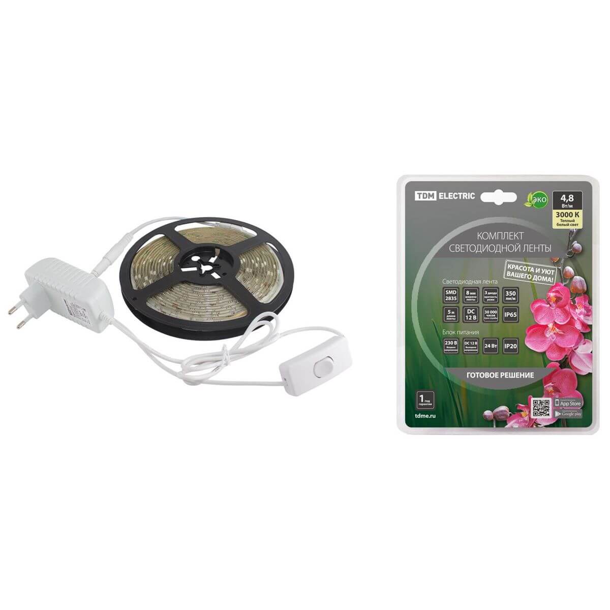 Светодиодные ленты  ВамСвет Светодиодная влагозащищенная лента TDM Electric 4,8W/m 60LED/m 2835SMD теплый белый 5M SQ0331-0229