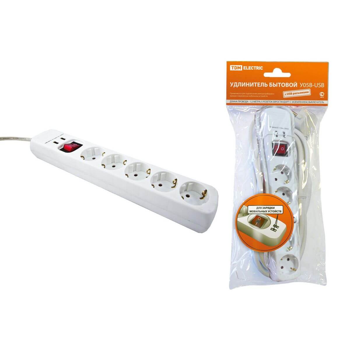

Удлинитель TDM Electric У05В-USB 2хUSB 7гн 1,5м с/з SQ1303-0302, Белый, SQ1303-0302 У05В-USB