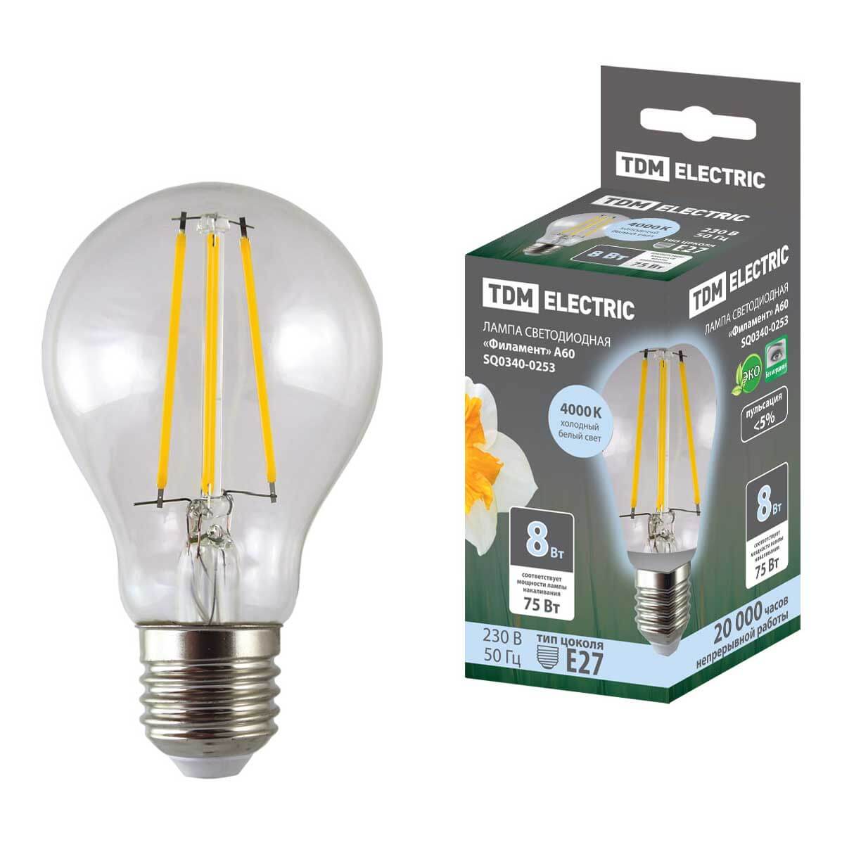 

Лампа светодиодная филаментная TDM Electric E27 8W 4000K прозрачная SQ0340-0253, Прозрачный, SQ0340-0253 Светодиодные Филамент A60