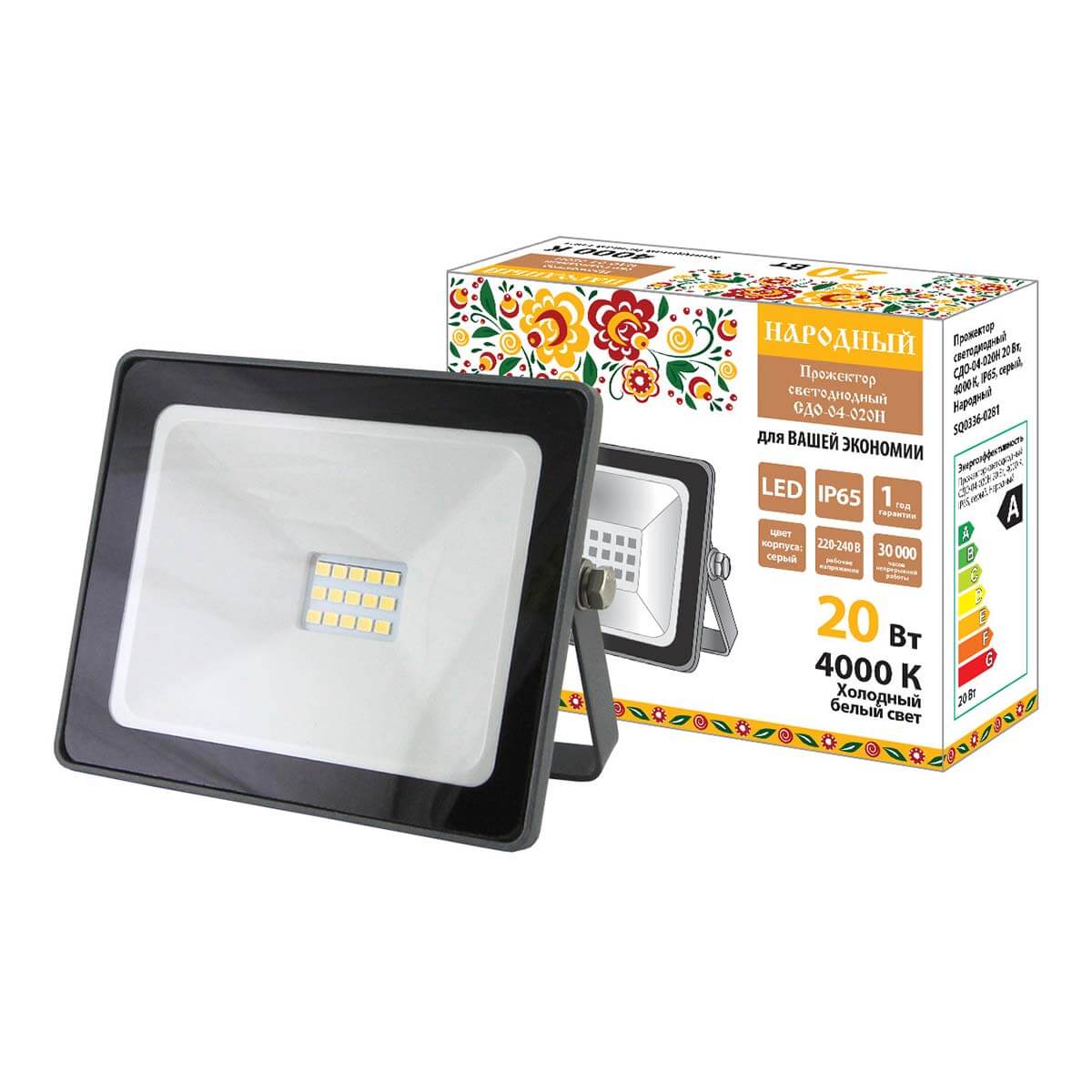

Прожектор светодиодный TDM Electric Народный СДО-04-020Н 20W 4000K SQ0336-0281, Серый, SQ0336-0281 СДО-04Н Народный