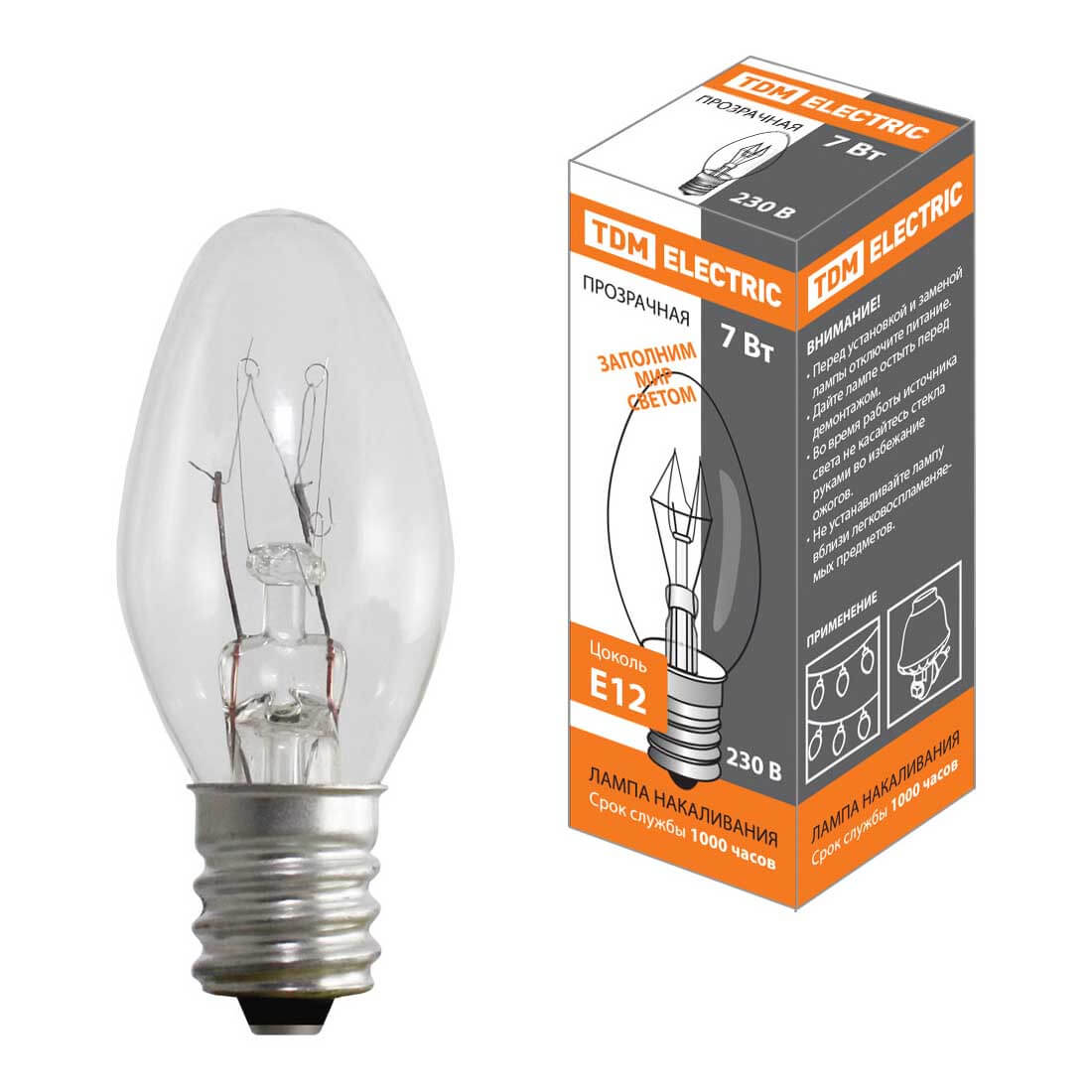 

Лампа накаливания TDM Electric Е12 7W прозрачная SQ0332-0054, Прозрачный, SQ0332-0054 Свеча прозрачная