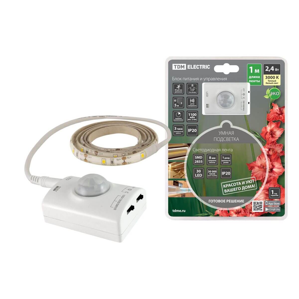 Светодиодные ленты Светодиодная лента TDM Electric 2,4W/m 30LED/m 2835SMD теплый белый 1M SQ0331-0503