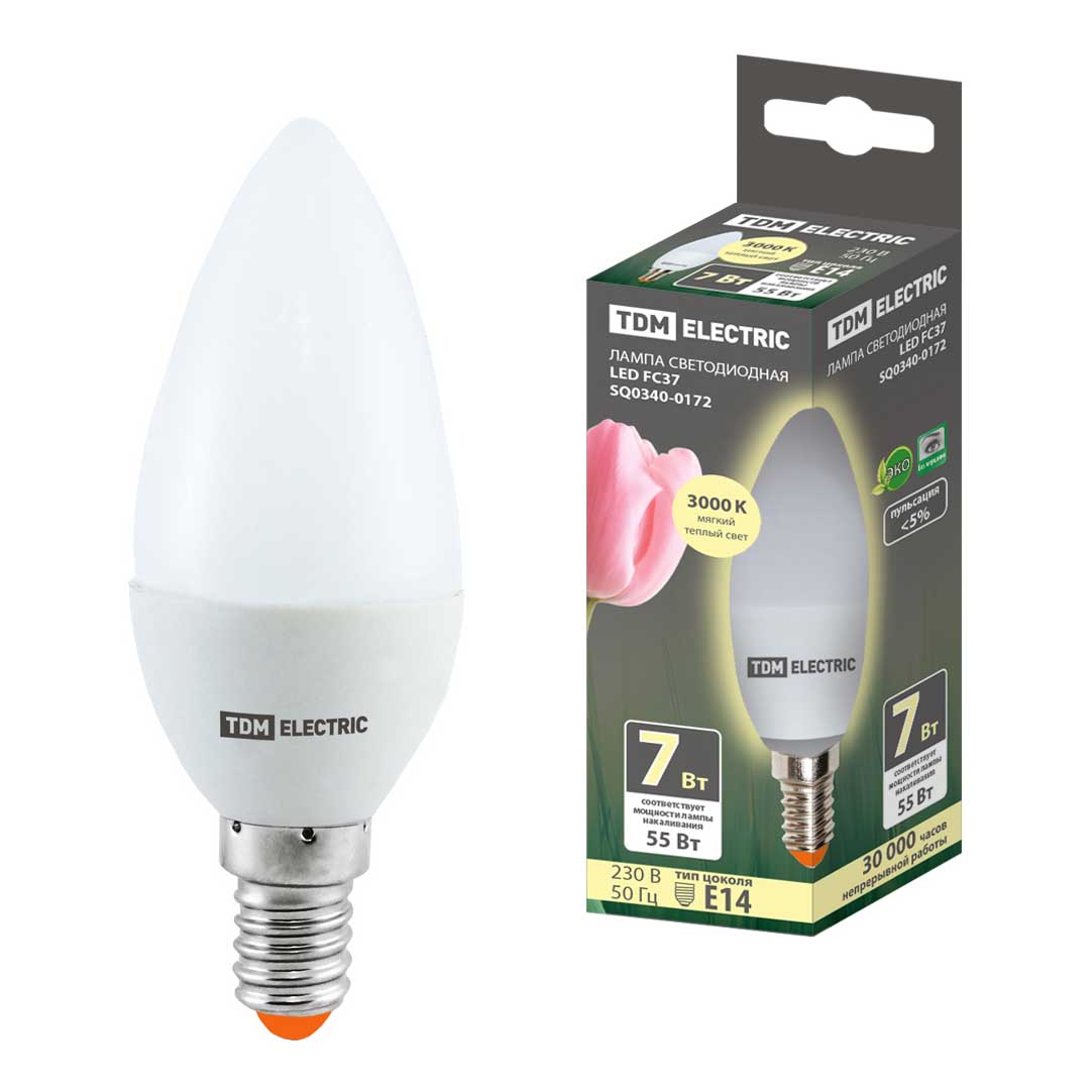

Лампа светодиодная TDM Electric Е14 7W 3000K матовая SQ0340-0172, Матовый, SQ0340-0172 Светодиодные Свеча