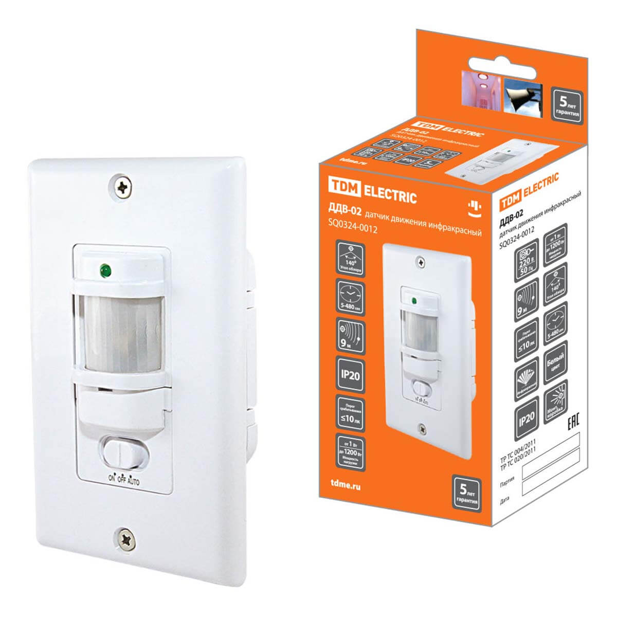 

Датчик движения инфракрасный TDM Electric ДДВ-02 SQ0324-0012, Белый, SQ0324-0012 ДДВ