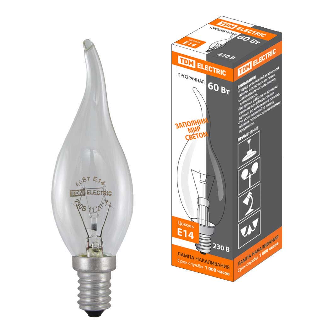  Лампа накаливания TDM Electric Е14 60W прозрачная SQ0332-0016