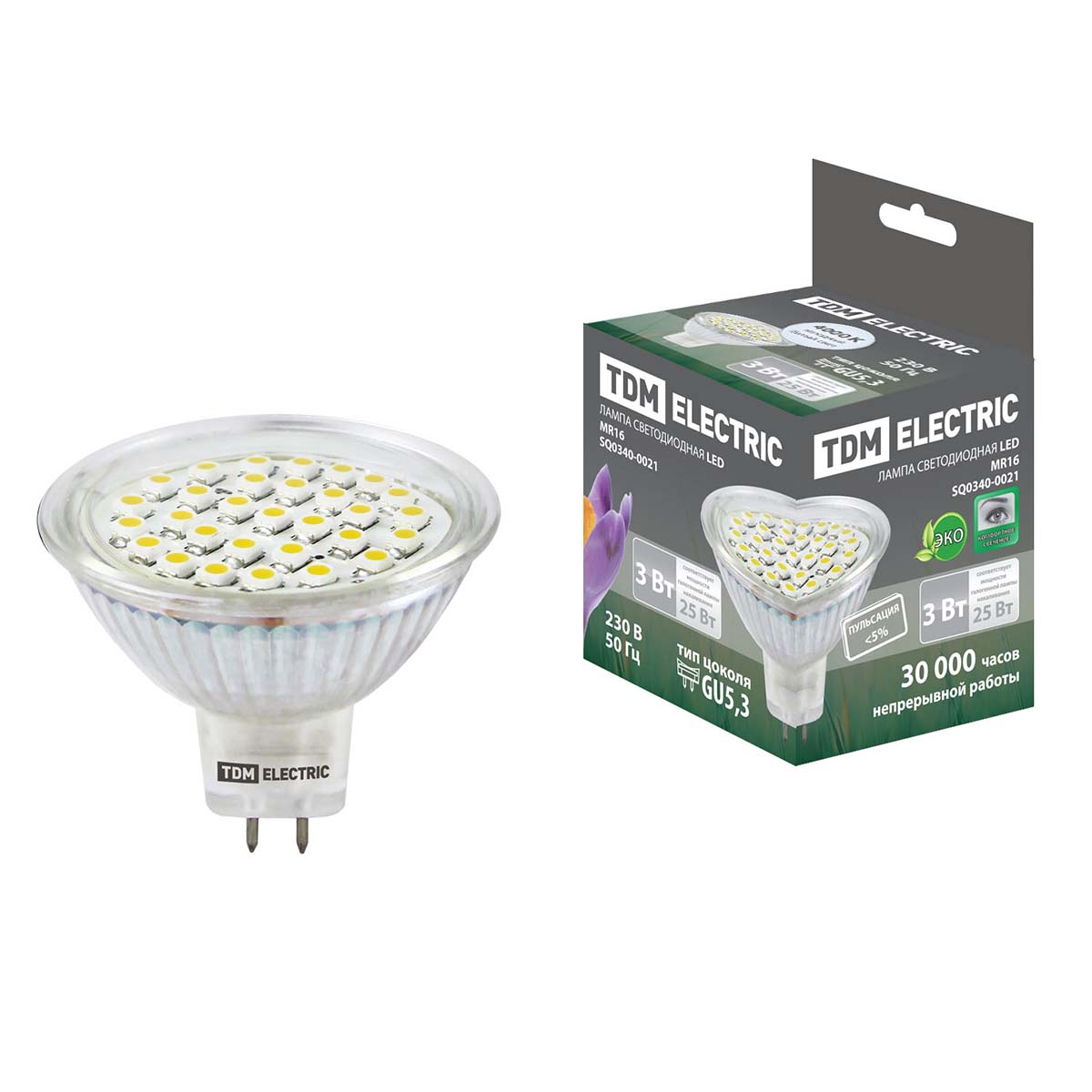 

Лампа светодиодная TDM Electric GU5.3 3W 4000K прозрачная SQ0340 0021, Прозрачный, SQ0340-0021 Светодиодные MR16