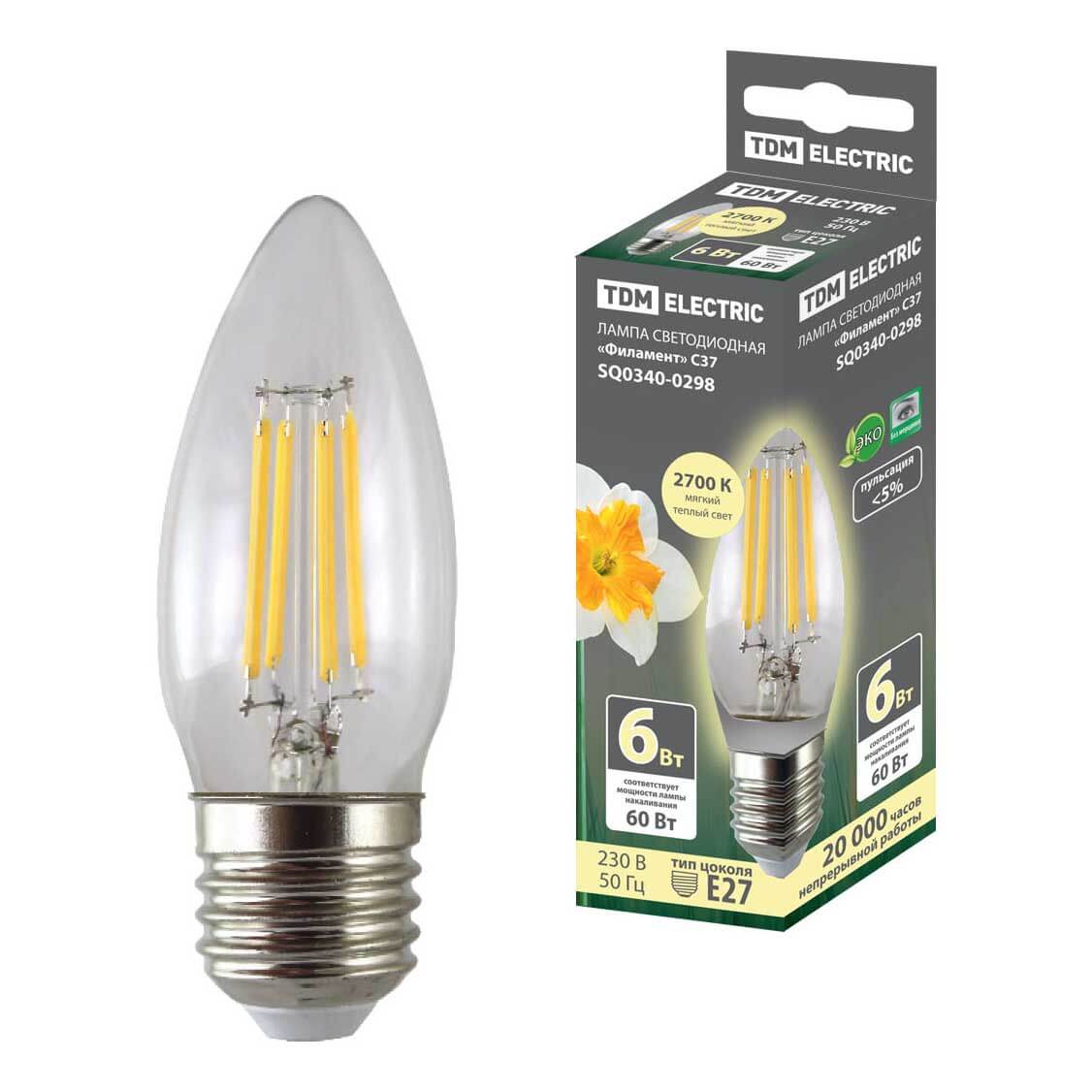 

Лампа светодиодная филаментная TDM Electric E27 6W 2700K прозрачная SQ0340-0298, Прозрачный, SQ0340-0298 Светодиодные Филамент