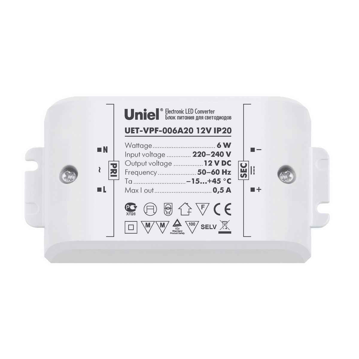 

Блок питания для светодиодов 6W 500мА (05827) Uniel UET-VPF-006A20