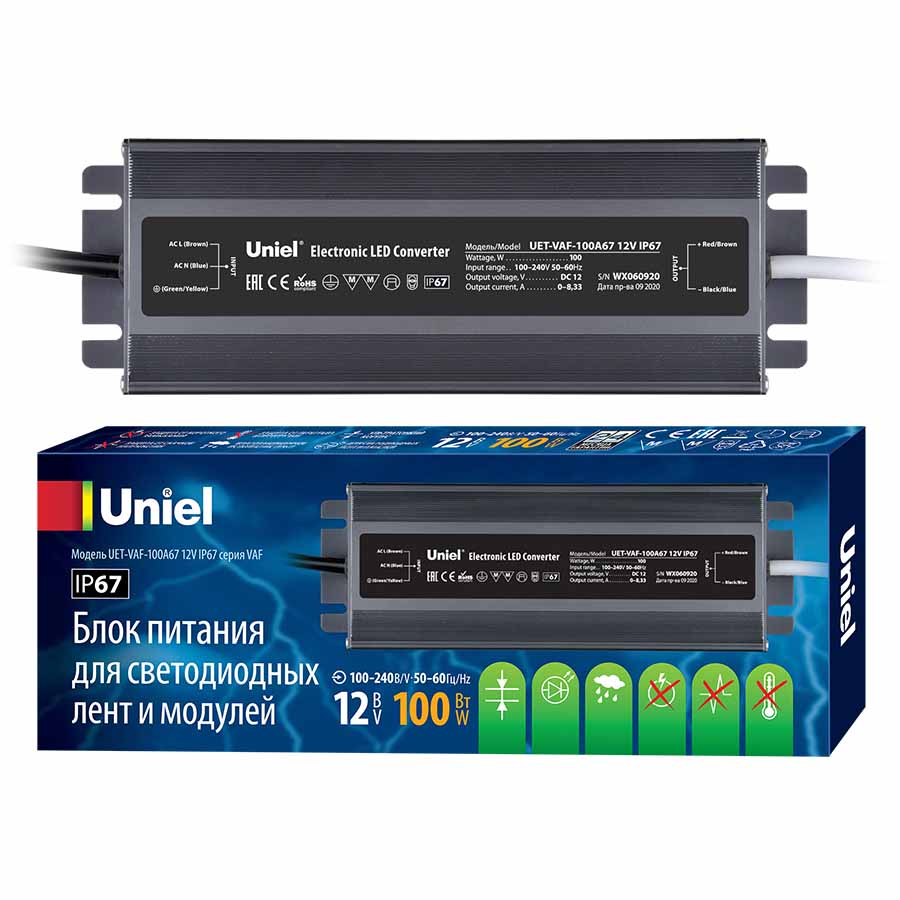 

Блок питания Uniel 12V 100W IP67 8,3A UET-VAF-100A67 12V IP67 UL-00007576, Серебро, UET-VAF-100A67 12V IP67 UET-VAF