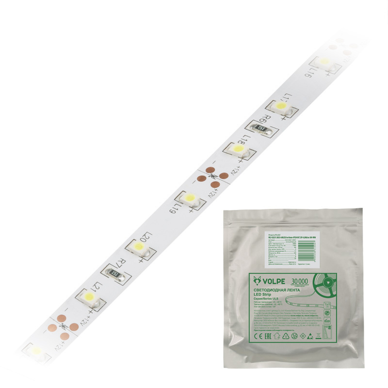 

Светодиодная лента Volpe (UL-00000880) 4,8W/m 60LED/m 2835SMD холодный белый 5M ULS-Q321 2835-60LED/m-8mm-IP20-DC12V-4,8W/m-5M-DW