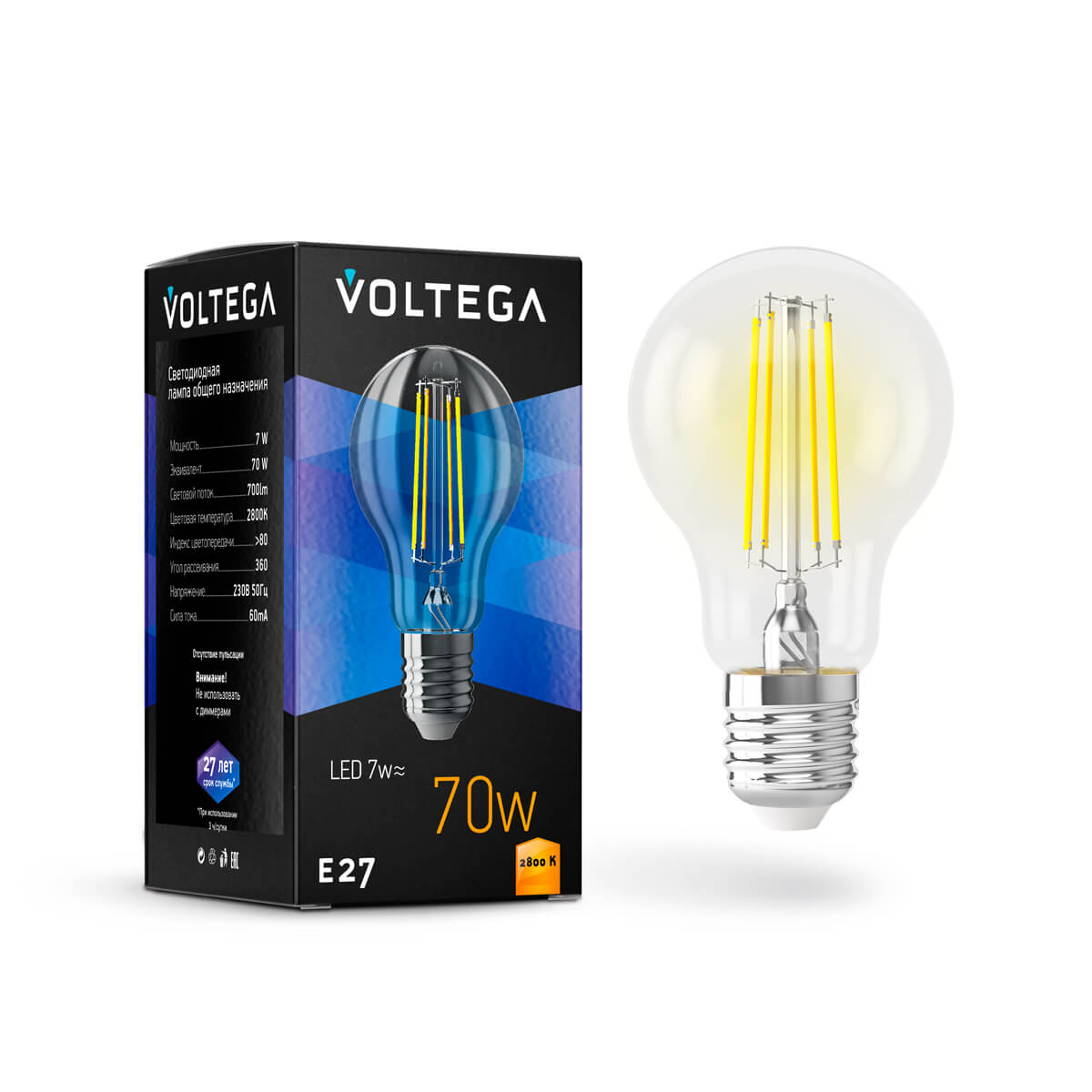 

Лампа светодиодная Voltega E27 7W 2800K прозрачная VG10-A60E27warm7W-F 7140, Прозрачный, 7140 General purpose bulb