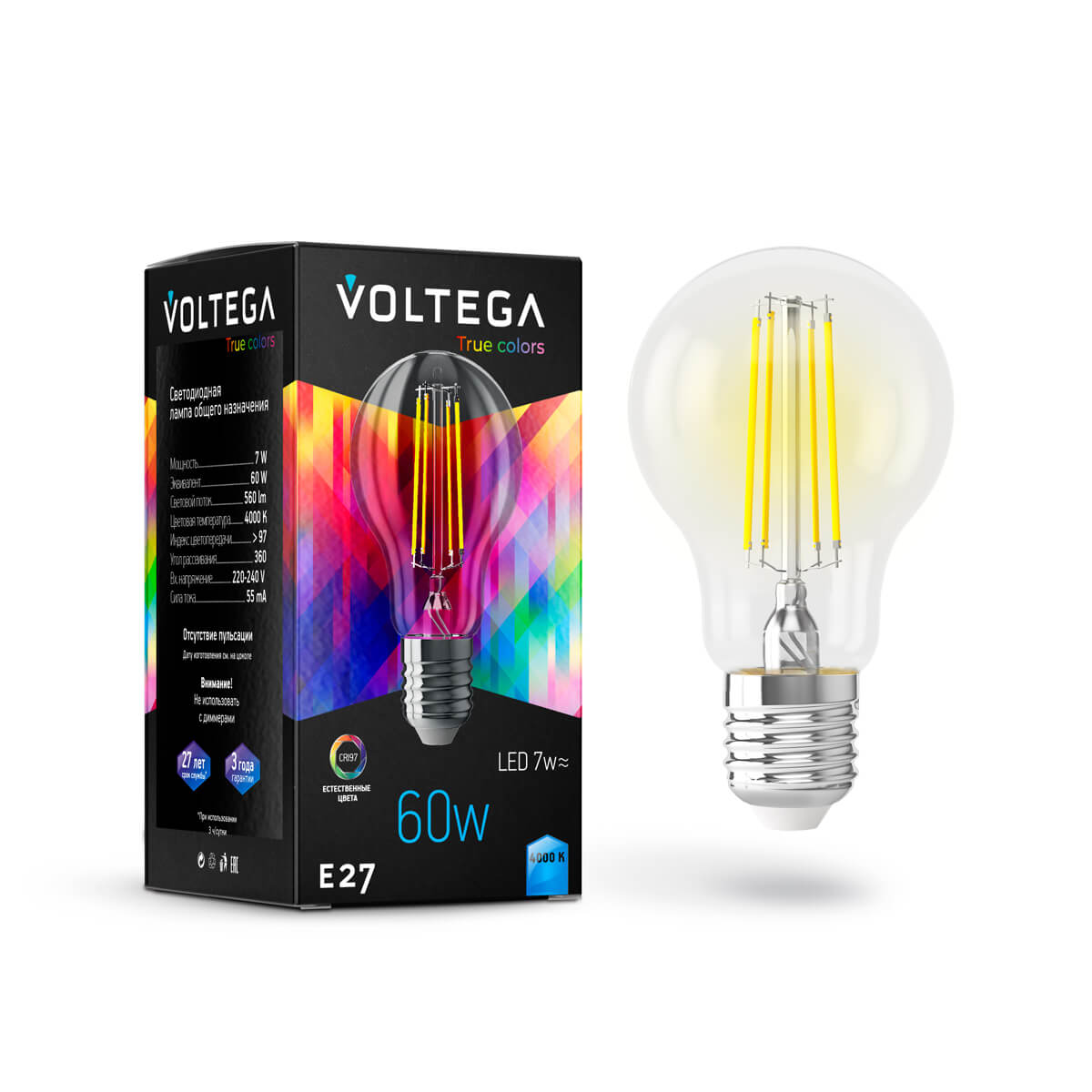 

Лампа светодиодная Voltega E27 7W 4000K прозрачная VG10-A60E27cold7W-FHR 7155, Прозрачный, 7155 General purpose bulb