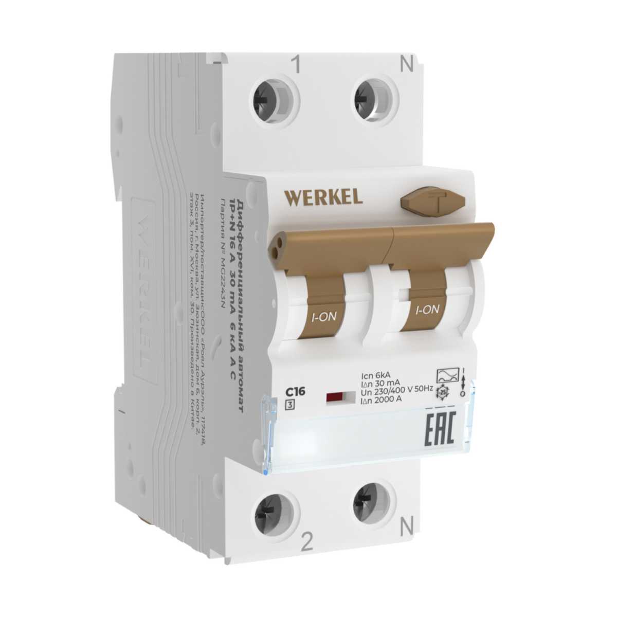 

Дифференциальный автомат Werkel 1P+N 16A 30mА 6kА АC W922P166 4690389193224, Белый, 4690389193224