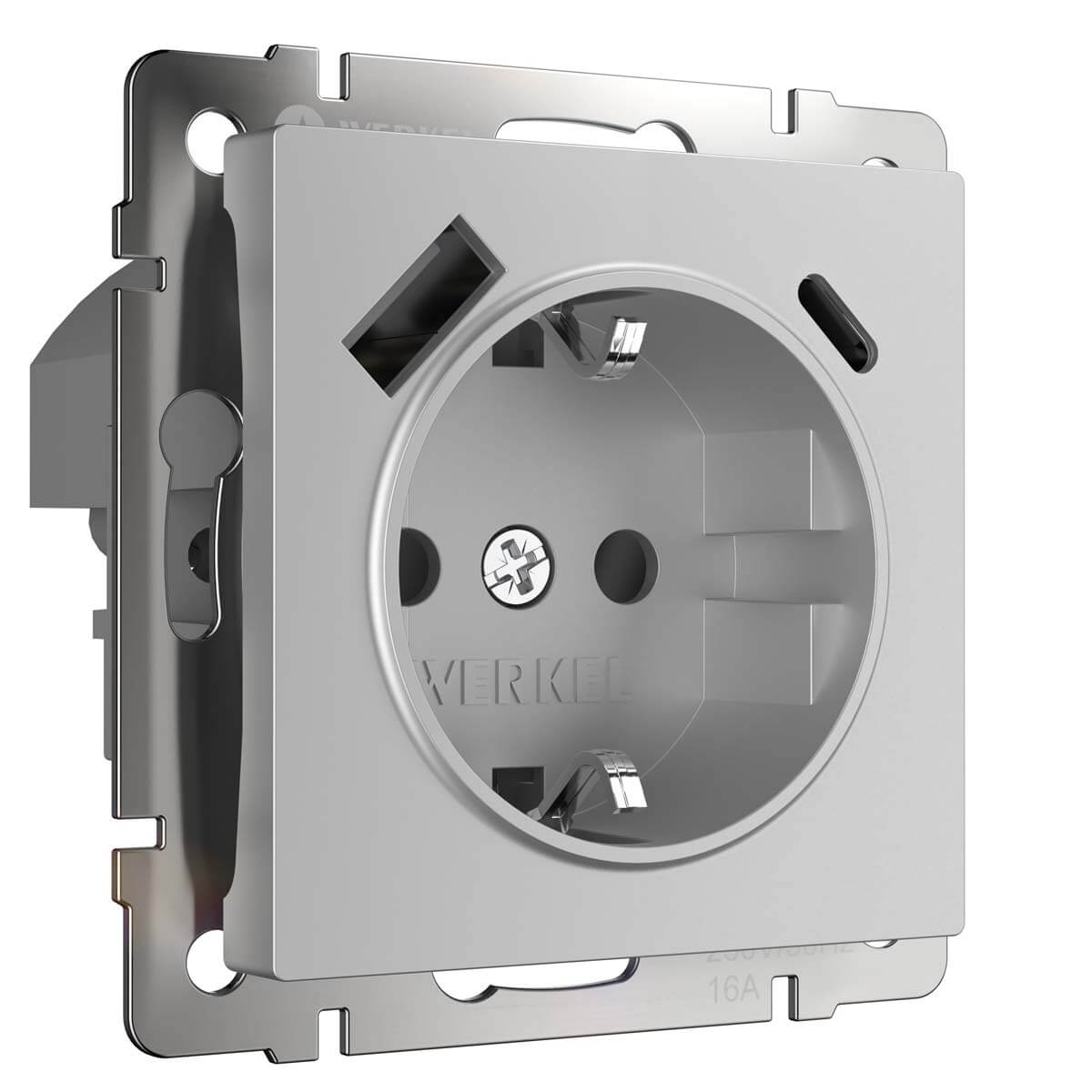 

Розетка Werkel с быстрой зарядкой USB Type A+С серебристая W1171706 4690389176432, Серебро, 4690389176432