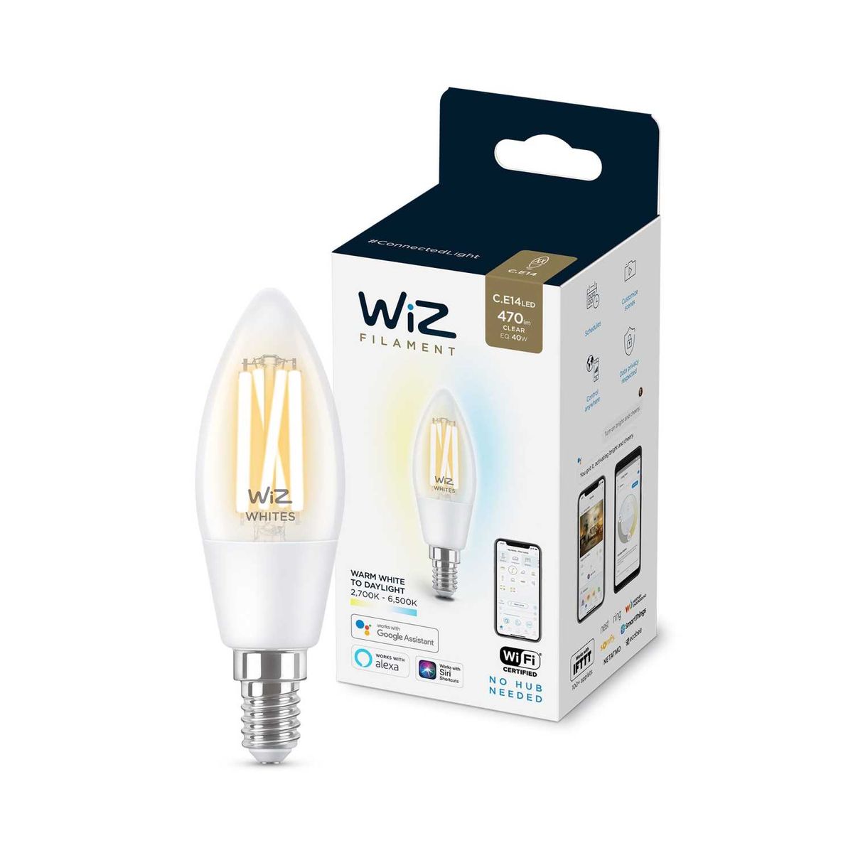

Лампа светодиодная филаментная диммируемая WiZ E14 4,9W 2700-6500K прозрачная Wi-Fi BLE 40W C35 E14927-65CL1PF/6 929003017601, Прозрачный, 929003017601 Wi-Fi BLE ()