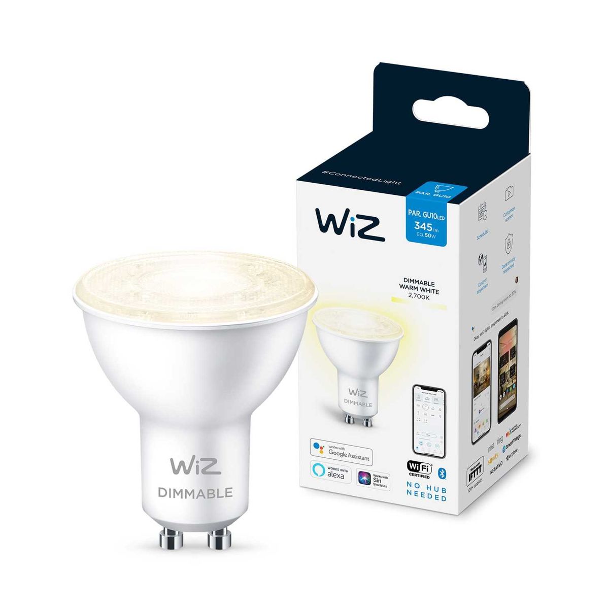 

Лампа светодиодная диммируемая WiZ GU10 4,7W 2700K прозрачная Wi-Fi BLE 50W GU10 927 DIM 1PF/6 929002448102, Прозрачный, 929002448102 Wi-Fi BLE