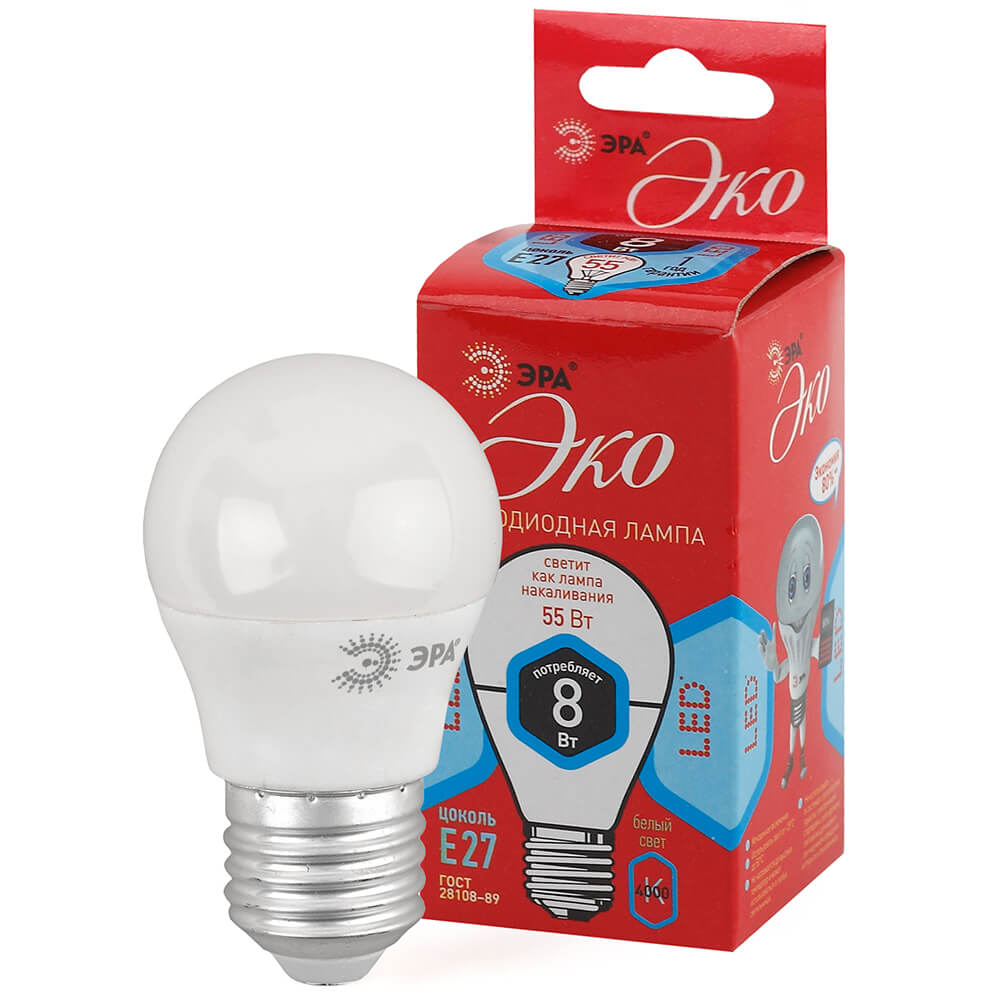 

Лампа светодиодная ЭРА E27 8W 4000K матовая LED P45-8W-840-E27 R Б0049645, Белый, LED P45-8W-840-E27 R