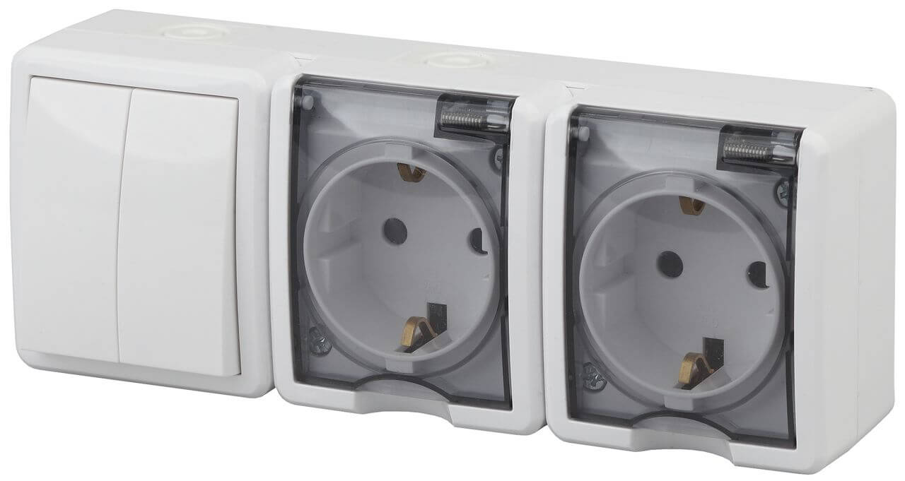 

Блок розетки-выключатель двухклавишный ЭРА Эксперт IP54 16A 250V 11-7404-01 Б0027675, Белый, 11-7404-01 Эксперт