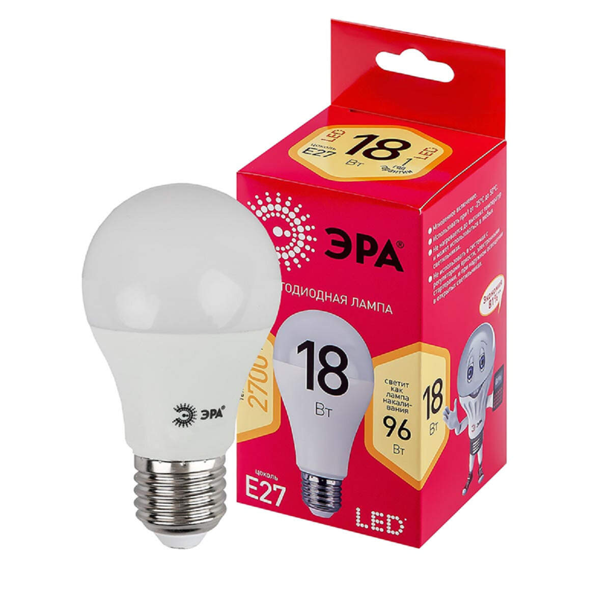 

Лампа светодиодная ЭРА E27 18W 2700K матовая LED A65-18W-827-E27 R Б0052380, Белый, LED A65-18W-827-E27 R