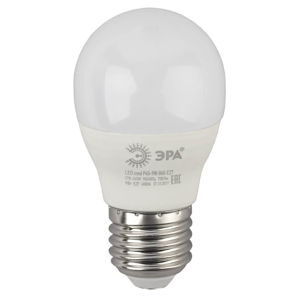 

Лампа светодиодная ЭРА E27 9W 6000K матовая LED P45-9W-860-E27 Б0031412, LED P45-9W-860-E27 LED P45
