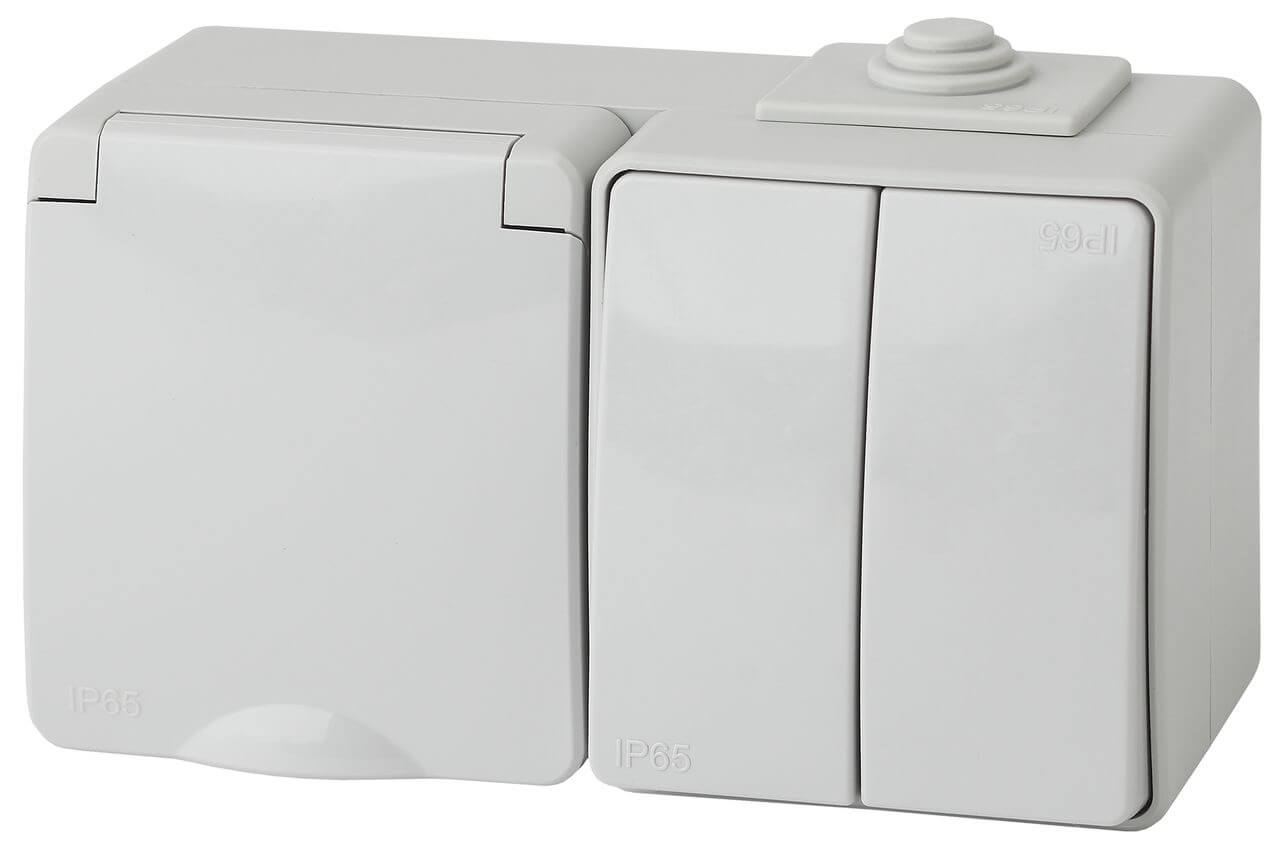 

Блок розетка-выключатель двухклавишный ЭРА Эксперт IP65 16A 250V 11-7602-03 Б0035994, Серый, 11-7602-03 Эксперт