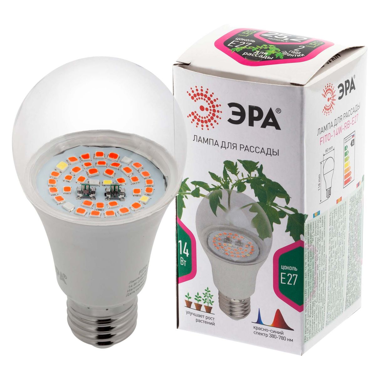 

Лампа светодиодная для растений ЭРА E27 14W 1310K прозрачная Fito-14W-RB-E27 Б0050602, Прозрачный, Fito-14W-RB-E27 Profi green light