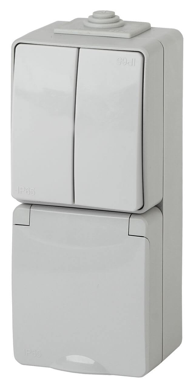 

Блок розетка-выключатель двухклавишный ЭРА Эксперт IP65 16A 250V 11-7608-03 Б0035999, Серый, 11-7608-03 Эксперт