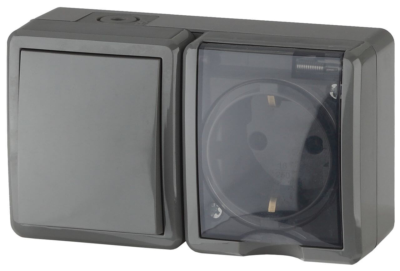 

Блок розетка-выключатель ЭРА Эксперт IP54 16A 250V 11-7401-03 Б0020734, Серый, 11-7401-03 Эксперт