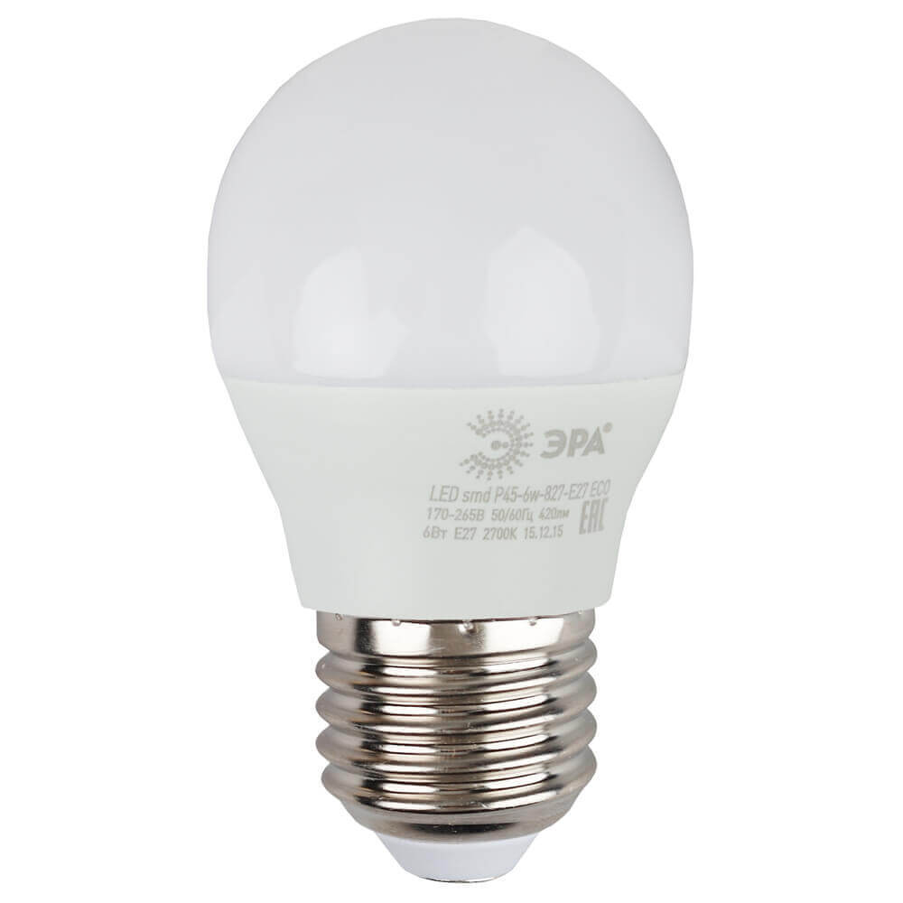 

Лампа светодиодная ЭРА E27 6W 2700K матовая ECO LED P45-6W-827-E27 Б0020629, ECO LED P45-6W-827-E27 ECO LED P45