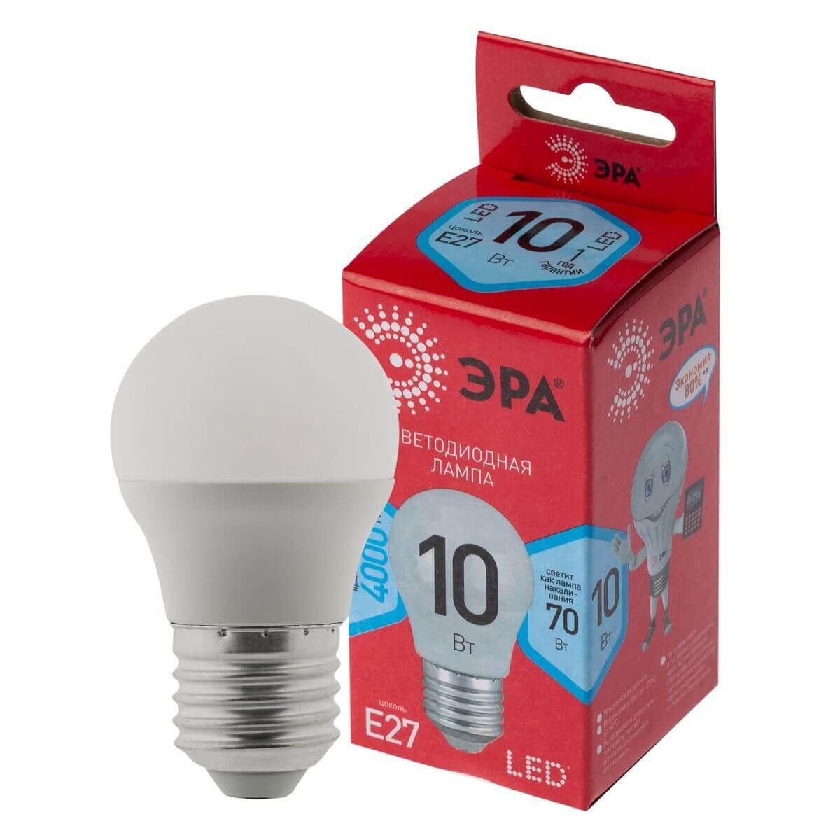 

Лампа светодиодная ЭРА E27 10W 4000K матовая LED P45-10W-840-E27 R Б0050234, Белый, LED P45-10W-840-E27 R