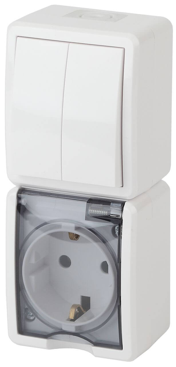 

Блок розетка-выключатель двухклавишный ЭРА Эксперт IP54 16A 250V 11-7408-01 Б0036006, Белый, 11-7408-01 Эксперт