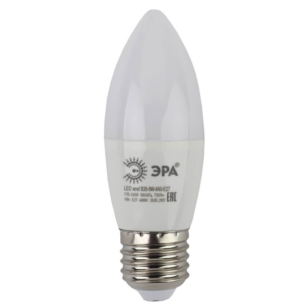 

Лампа светодиодная ЭРА E27 9W 4000K матовая LED B35-9W-840-E27 Б0027972, LED B35-9W-840-E27 LED B35