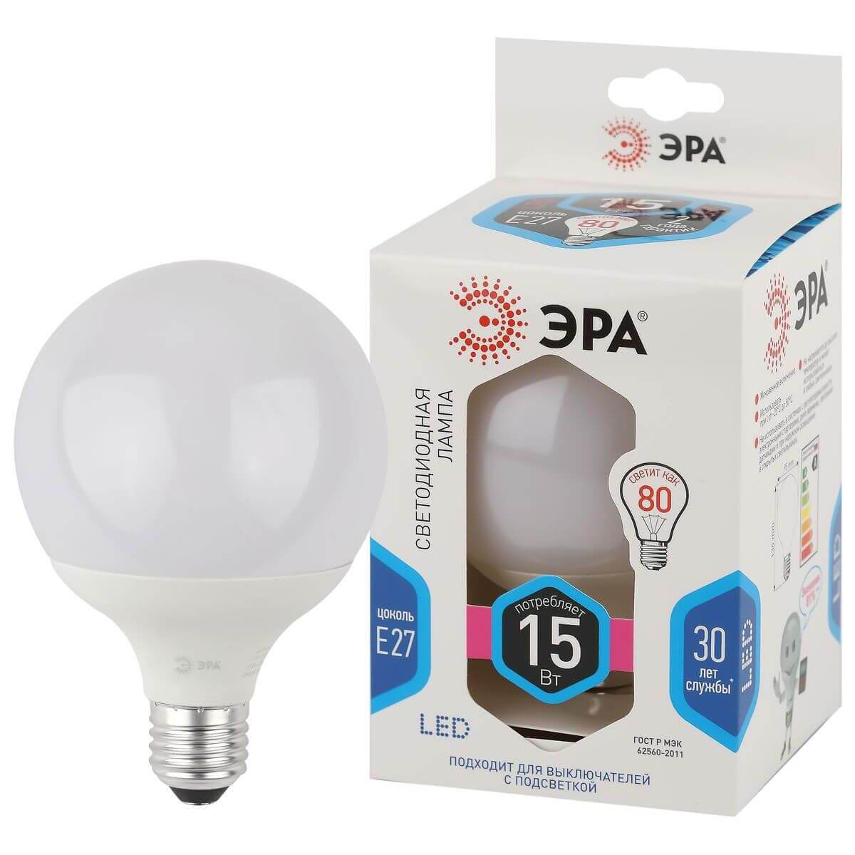 

Лампа светодиодная ЭРА E27 15W 4000K матовая LED G90-15W-4000K-E27 Б0049078, Белый, LED G90-15W-4000K-E27