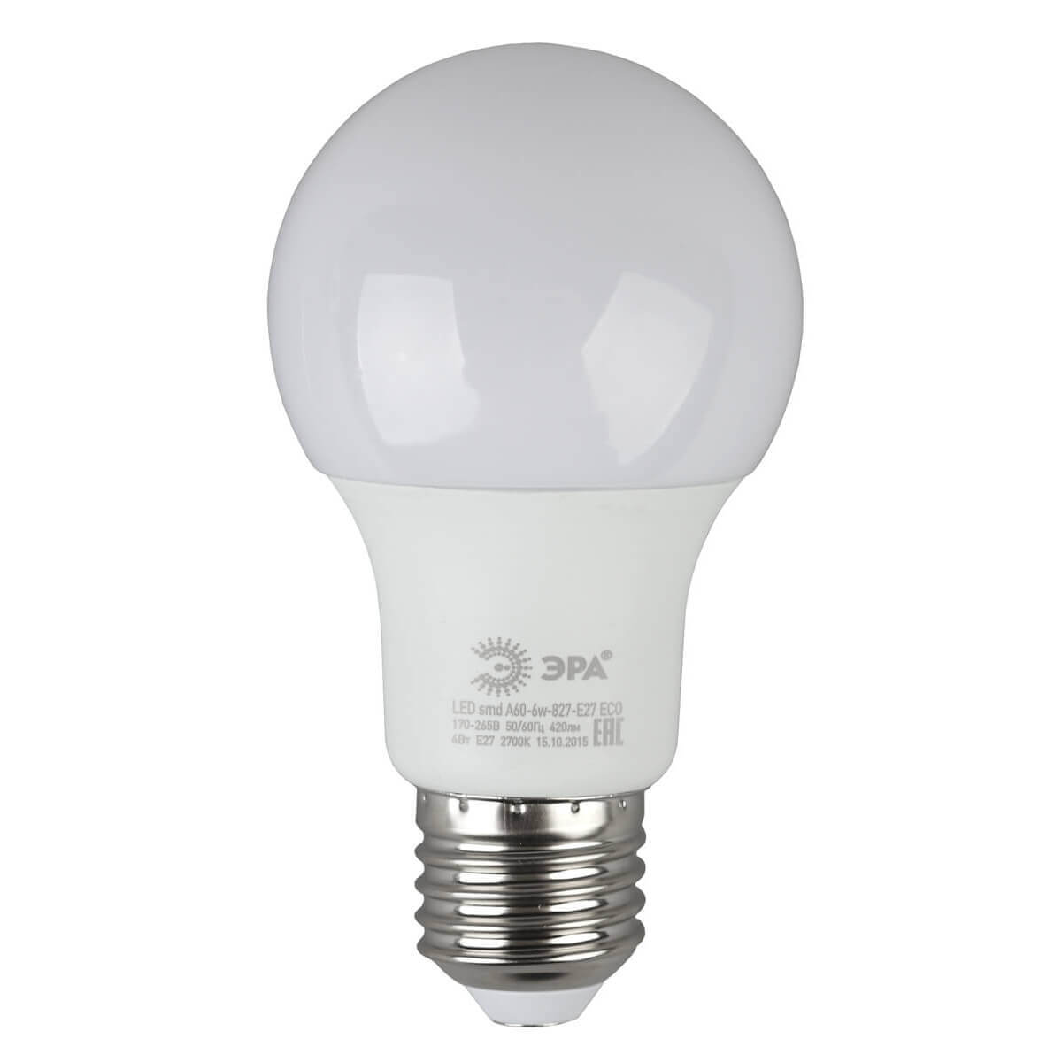 

Лампа светодиодная ЭРА E27 6W 2700K матовая ECO LED A60-6W-827-E27