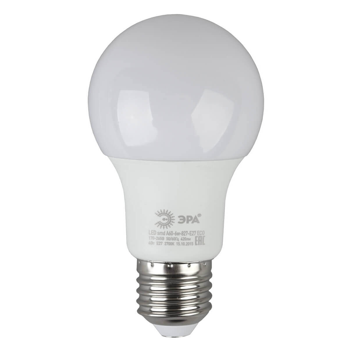 

Лампа светодиодная ЭРА E27 6W 2700K груша матовая ECO LED A60-6W-827-E27