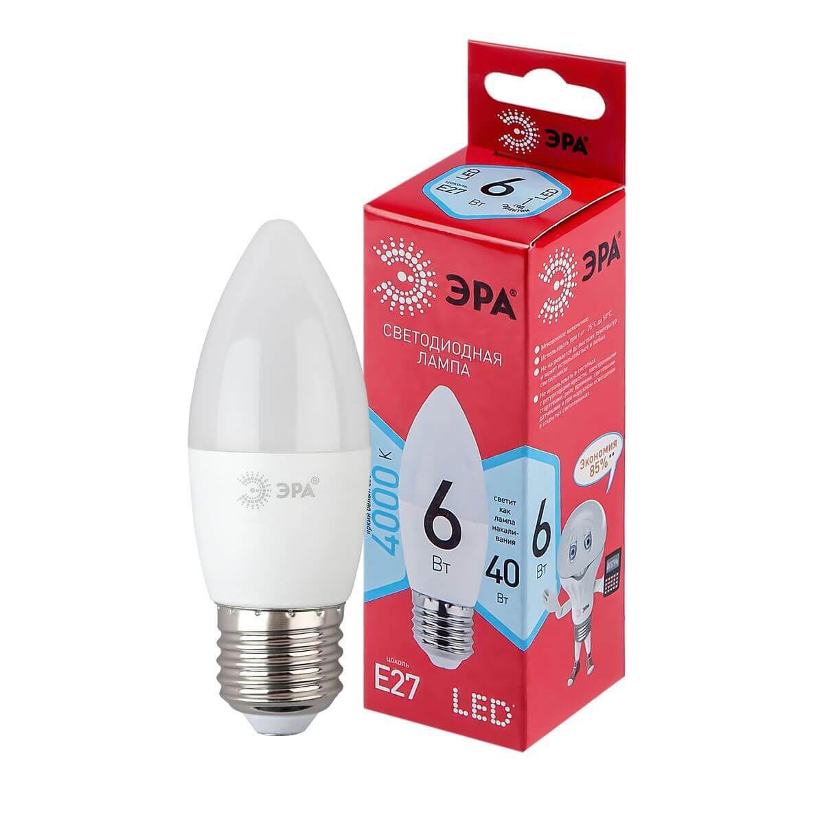 

Лампа светодиодная ЭРА E27 6W 4000K матовая LED B35-6W-840-E27 R Б0050232, Белый, LED B35-6W-840-E27 R