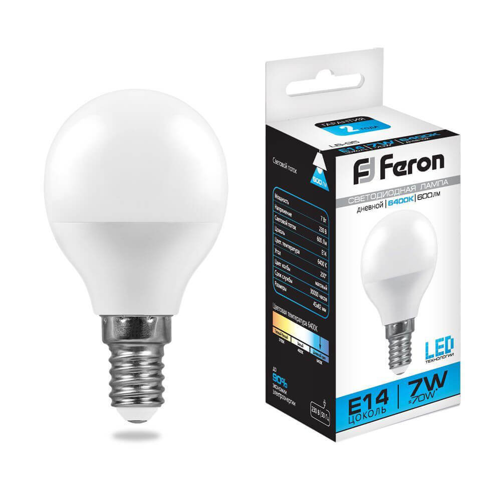 Лампа светодиодная Feron E14 7W 6400K Шар Матовая LB-95 25480 ⚡ ...