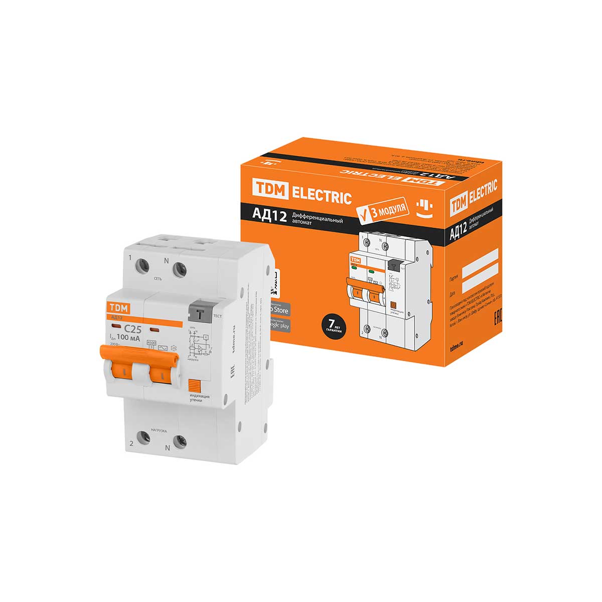 Дифференциальный автомат TDM Electric АД12 2P, C25, 100мА, 4,5кА, тип ...