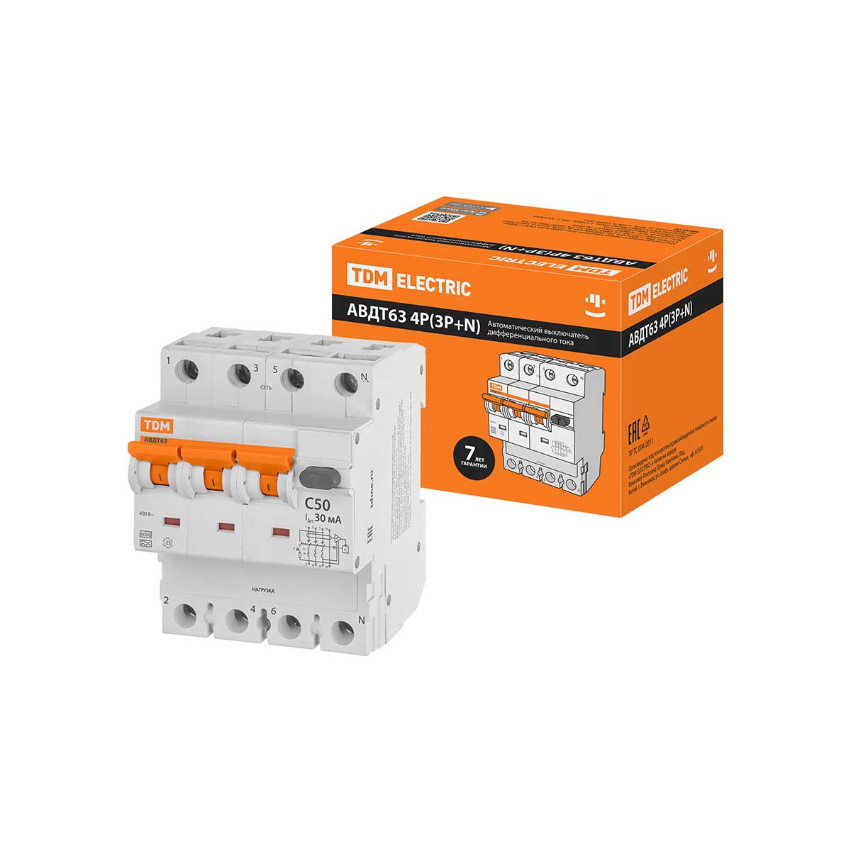 Автоматический выключатель дифференциального тока TDM Electric 63 4P 3Р ...