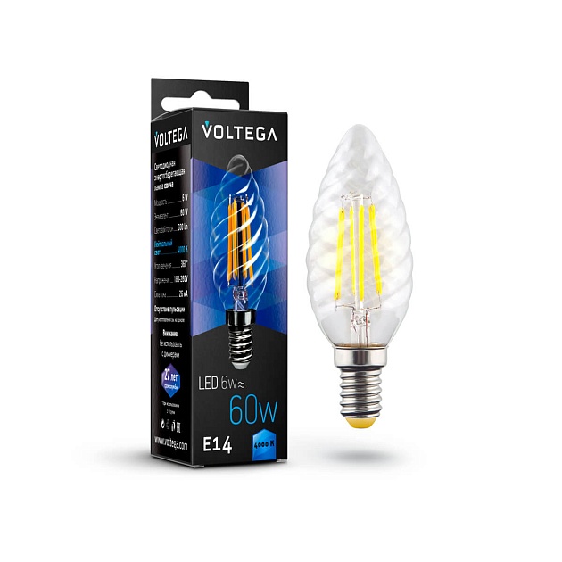 Лампа светодиодная филаментная Voltega E14 6W 4000К прозрачная VG10-CC1E14cold6W-F 7028 фото 